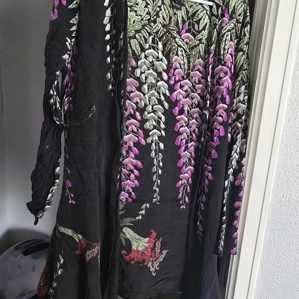 Black Floral Embroidered Long Dress with Pink & Green Wisteria